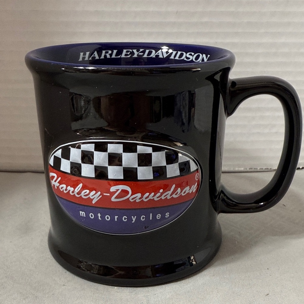 Harley-Davidson Black Checkered Blue Inside Motorcycle Biker Mug Cup Large Size